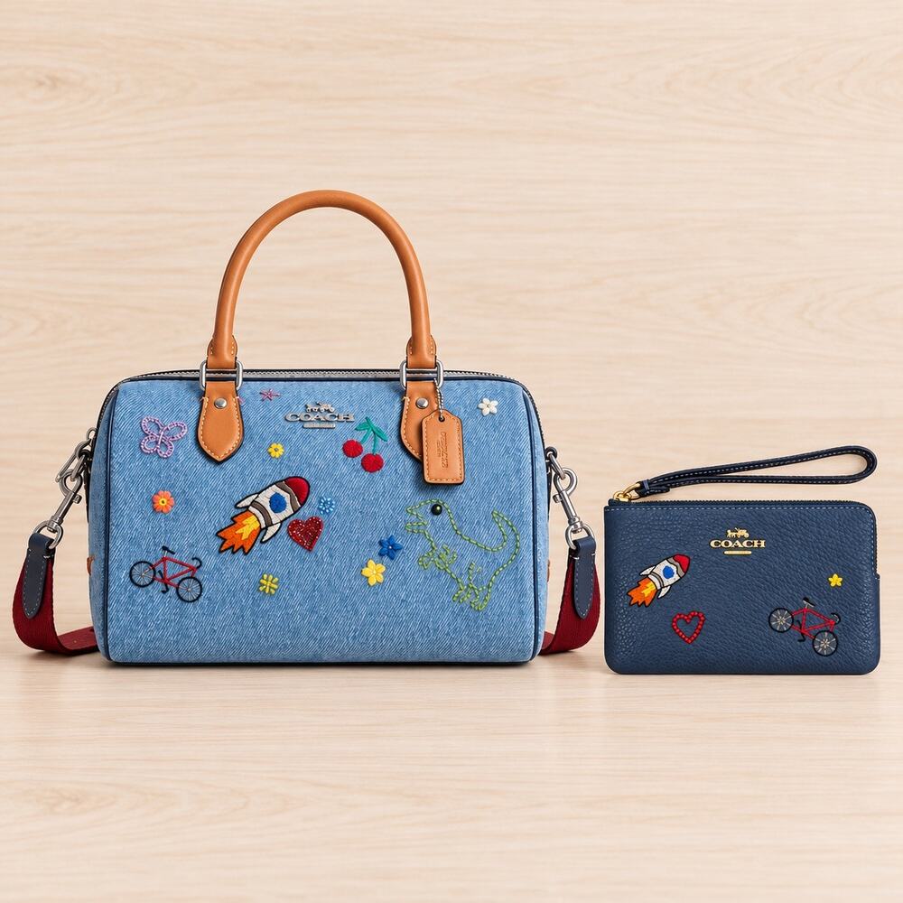 NWT Coach CDB77 Denim Rowan Satchel With Patches/Embroidery & Wristlet